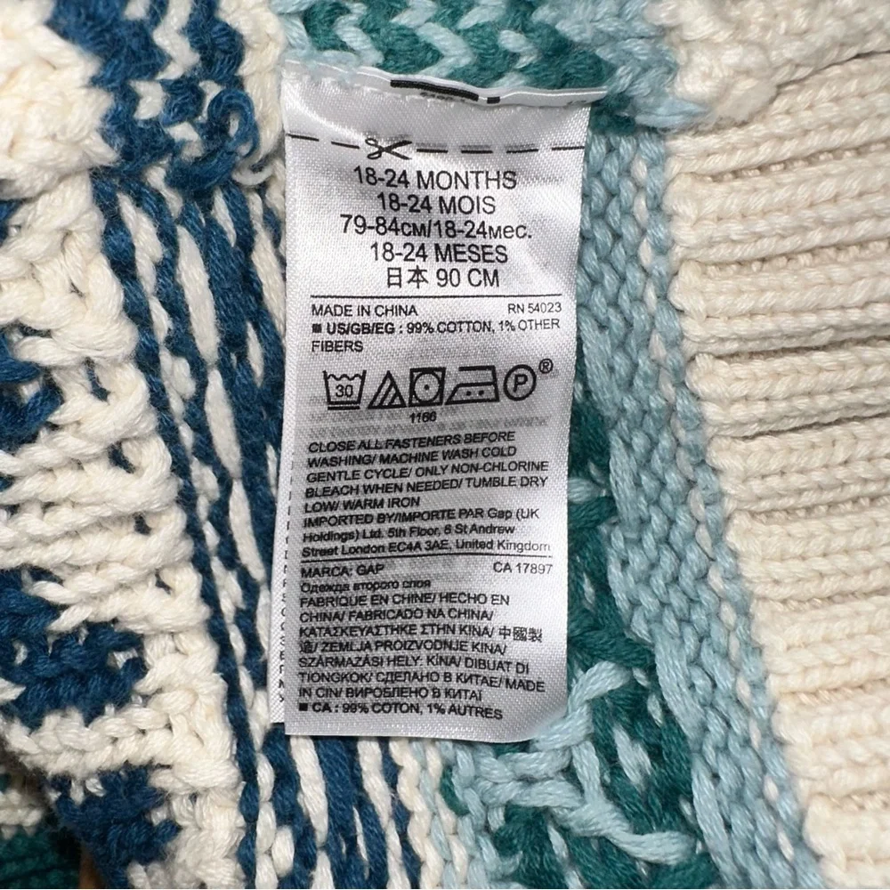 Baby Gap Fair Isle Collared Cardigan Cream Blue‎ Size 18-24 months